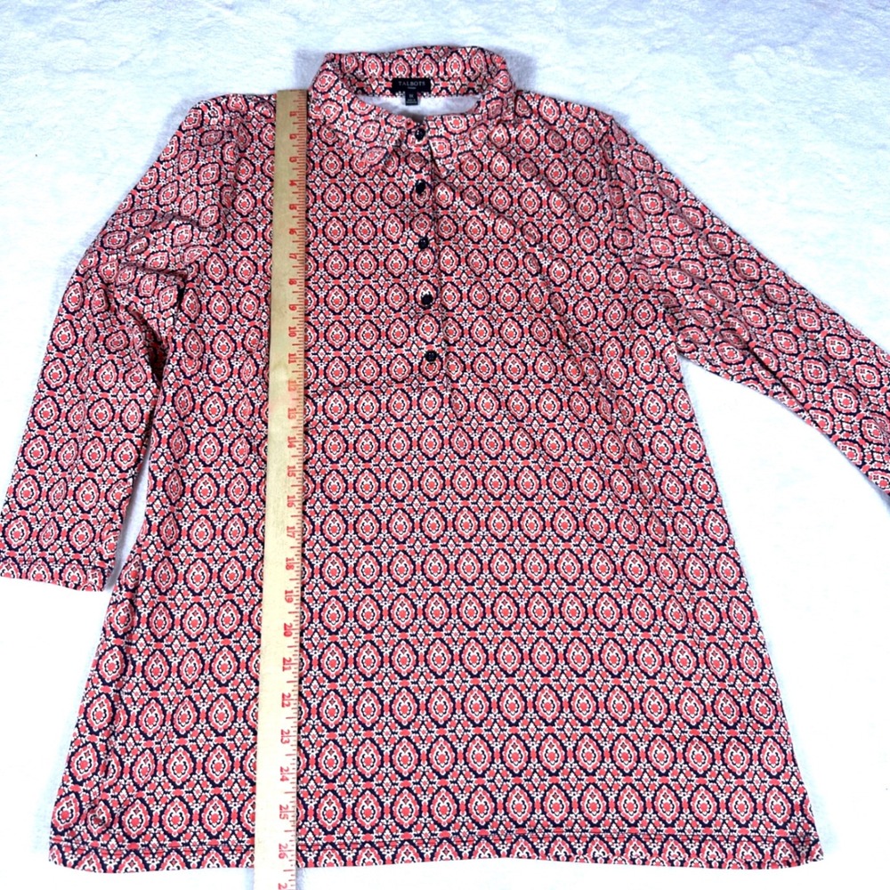 Talbots Tunic Top Women 1X Coral Navy Geometric Medallion 3/4 Sleeve Stretch - Picture 5 of 9